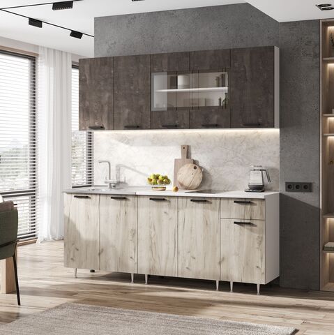 ЛДСП Кухня Рио NEW 2,0м (490) (Железный камень/Дуб Крафт серый, Белый (Антарес))