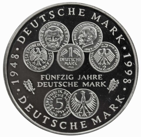 10 марок. 50 лет Немецкой марке (D). Серебро. 1998 г. PROOF. В родной запайке