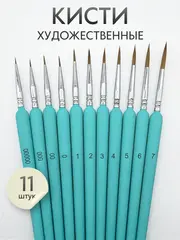 Набор кистей для рисования синтетика (кисточки: круглые тонкие, лайнер) 11 шт., бирюзовые