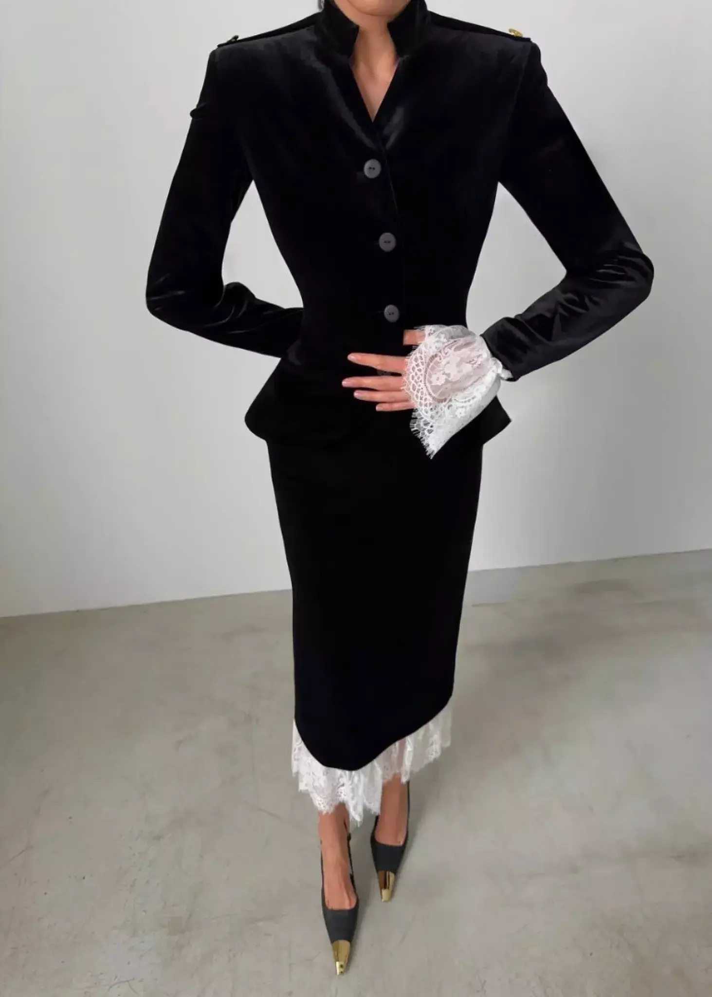 Юбка миди "Мяу" с кружевом, Черный