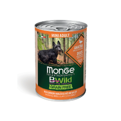 Влажный корм Monge Dog BWild GRAIN FREE Mini для взрослых собак мелких пород, беззерновой, из утки с тыквой и кабачками, консервы 400 г - 24 шт