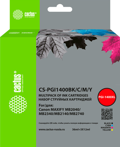 Картридж струйный Cactus CS-PGI1400BK, C, M, Y 4цв. набор (72мл) для Canon MB2050, MB2350, MB2040, MB2340