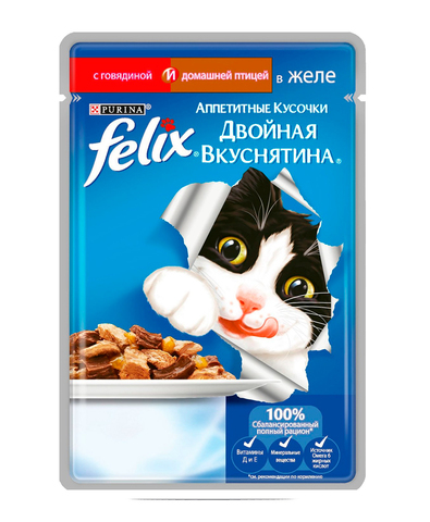 Felix кусочки в желе для кошек с говядиной и птицей 85 г