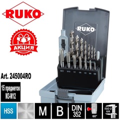 Набор метчиков однопроходных M3 -M12 HSS-G DIN352 (+ вороток, сверла) 15пр Ruko 245004RO(АКЦИЯ)
