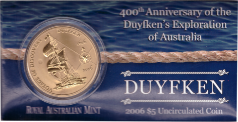(UNC) Австралия 5 долларов, 400 лет открытия Австралии, 2006 г. В блистере.