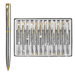 Ручка шариковая, автоматическая, Basir, синие чернила, серия "Silver", поворотный механизм, серебристый корпус, 12 шт