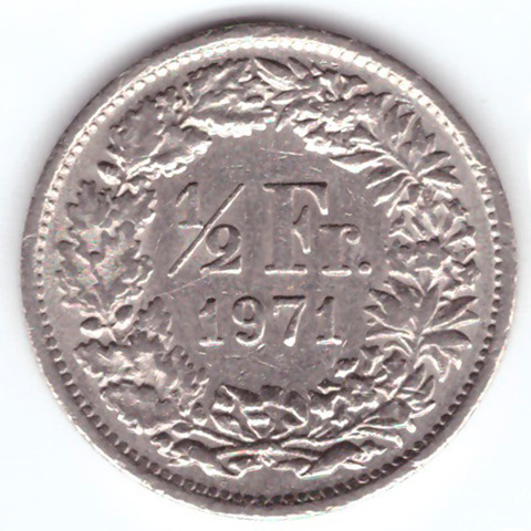 1/2 франка 1971 год. Швейцария. Медно-никель XF