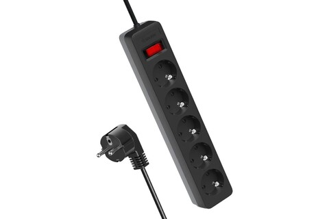 Сетевой фильтр, удлинитель Космос  FKsm5m-5g(B) сетевой фильтр, 5 розеток 5 метров, черный, заземление, выключатель, 10А, 220 вольт, ПВС 3х0,75, IP20 - купить в компании MAKtorg