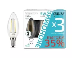 Лампа Gauss LED Filament Свеча 5W E14 4100K 450 lm (3шт в упак) 103801205T