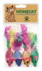 HOMECAT игрушка для кошек мышки веревочные с пером гремящие 4 шт 5 см