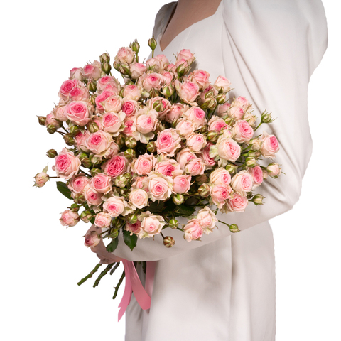 Букет 15 нежно-розовых кустовых роз