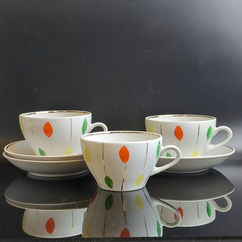 Чайные пары набор на 3 персоны фарфор с росписью, золочение, Фарфоровый Завод "Пролетарий", редкие, винтаж СССР 1960-е гг