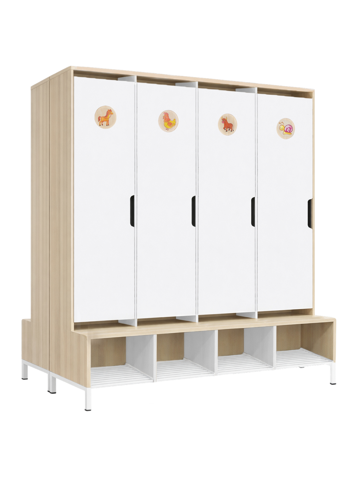 Шкаф со скамьёй для раздевалки детского сада / 4 секции