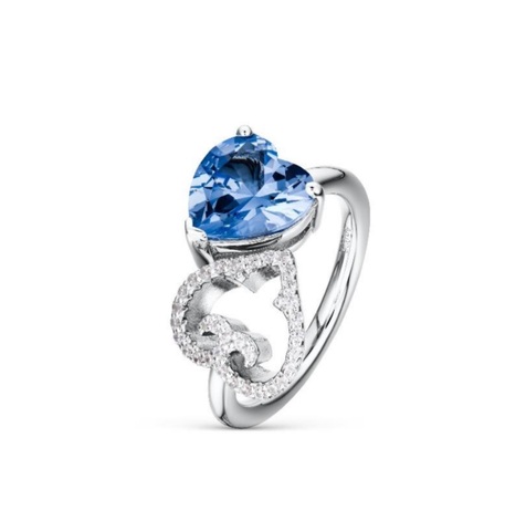 Ring Two Hearts Blue Stone, Rhodium, Cubic Zircons