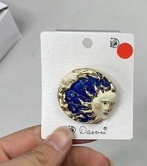 Б033 - Брошь ЛУНА + СОЛНЦЕ с синей эмалью в стилистике SCHIAPARELLI