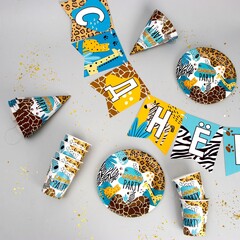 Sale Набор одноразовой посуды, Сафари Party, 6 тарелок, 6 стаканов, 6 колпаков, 1 гирлянда