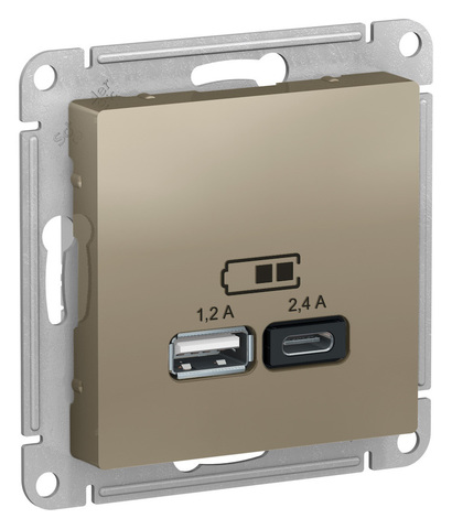 Розетка USB-зарядка двойная А+С 5В/2,4 А, 2х5В/1,2 А. Цвет Шампань. Schneider Electric(Шнайдер электрик). AtlasDesign Nature. ATN000539