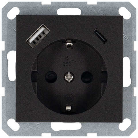 Розетка электрическая с USB зарядкой 2R+З/USB A+C - 25W. Цвет Антрацит. Jasmart. G5501USB-25B