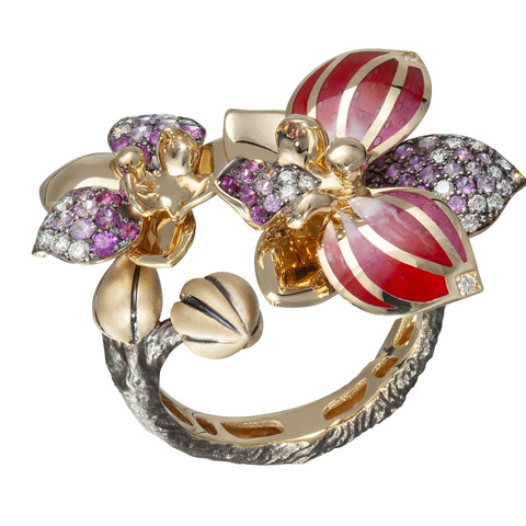 Кольцо Орхидея с Рубинами, Сапфирами и Бриллиантами, Эмаль, R0275-2/19