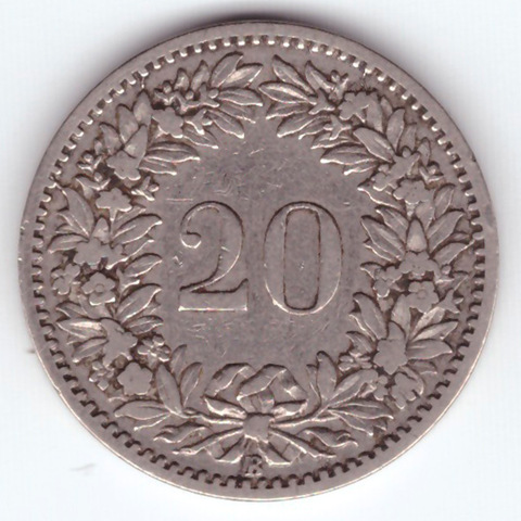 20 раппенов 1884 год. Швейцария. Никель VF-XF