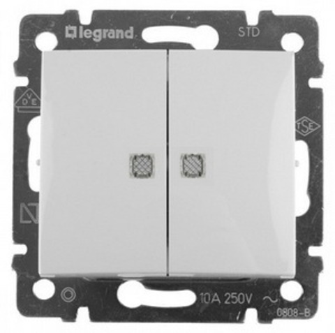 Выключатель двухклавишный с подсветкой - 10 AX - 250 В~. Цвет Белый. Legrand Valena Classic (Легранд Валена Классик). 774428