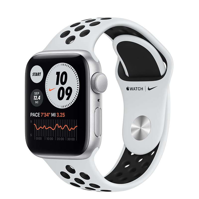 Apple Watch Nike SE, GPS, 40 мм, алюминий серебристого цвета, спортивный ремешок цвета «Чистая платина/чёрный»