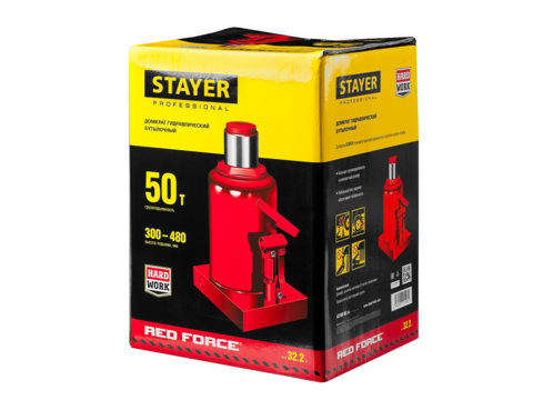 STAYER RED FORCE, 50т, 300-480 мм, Бутылочный гидравлический домкрат (43160-50)