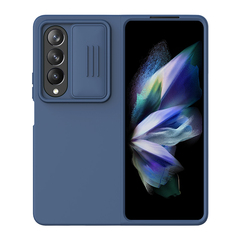 Чехол темно-синего цвета от Nillkin для смартфона Samsung Galaxy Z Fold 4 5G, серия CamShield Silky Silicone (шелковистый силикон) с защитной шторкой для камеры