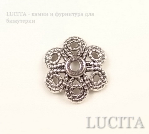 Шапочка для бусины "Цветок 6 лепестков" (цвет - античное серебро) 12,5х4 мм, 10 штук