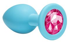 Средняя голубая анальная пробка Emotions Cutie Medium с розовым кристаллом - 8,5 см. - 
