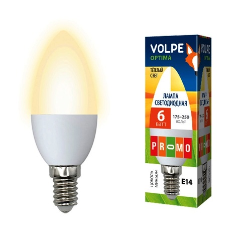 Volpe Лампа LED-C37-6W/WW/E14/FR/O Optima свеча (теплый свет)