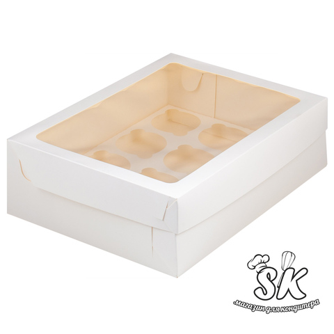 Коробка для 12 капкейков белая с прямоугольным окном