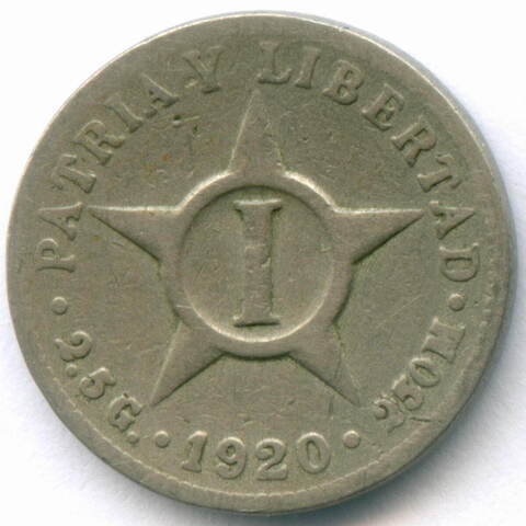 1 сентаво 1920 год. Куба. Медно-никель, диаметр 17 мм. F