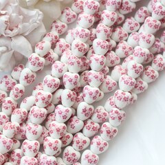 Бусина Сердце, керамика, белая с розовой росписью, 12 мм, 1 нить, К091