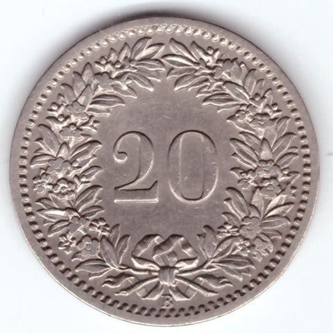 20 раппенов 1885 год. Швейцария. Никель VF-XF