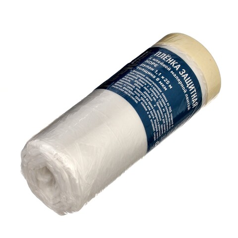 09-0-011 Пленка защитная с клейкой малярной лентой, прозрачная, HDPE, рулон 1,1х25м, толщина 8мкм РемоКолор