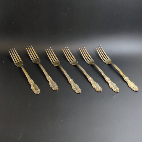 Набор из 6 столовых вилок "Золотая роза", мНЦ (медь-никель-цинк), золочение, Кольчугинский завод цветных металлов, СССР, 1970-1990 гг.