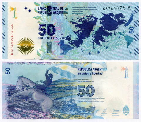 Банкнота Аргентина 50 песо 2015 год. Мальвинские (Фолклендские) острова № 63740075A. UNC