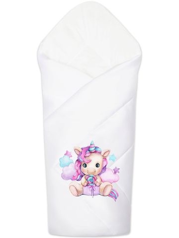 Зимний конверт-одеяло на выписку "Единорожка" (белое, принт без кружева) без пледа