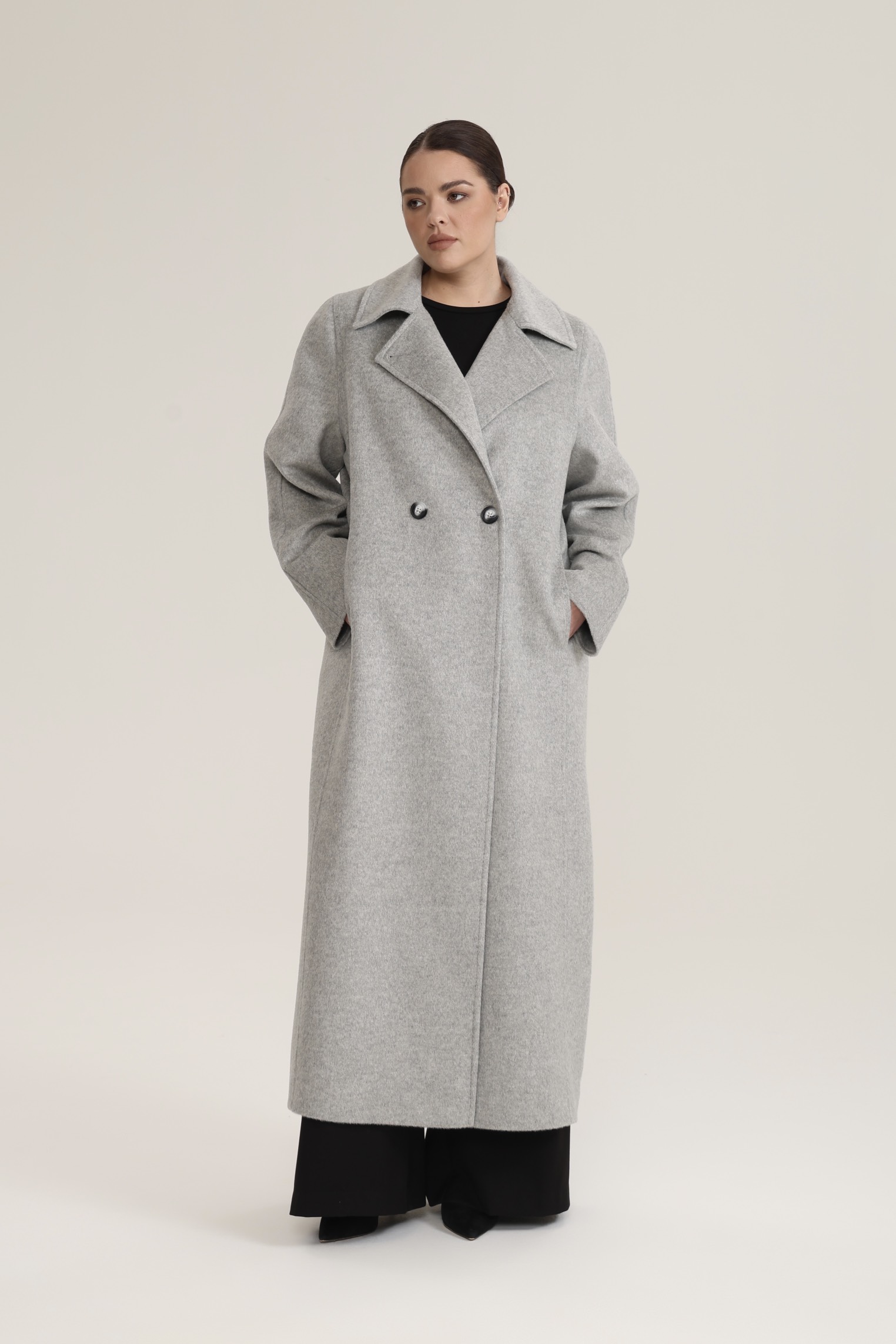 Пальто двубортное с отстрочкой, светло-серый
