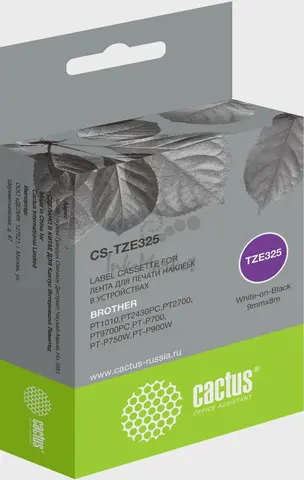 Картридж ленточный Cactus CS-TZE325 TZE-325 белый на черном 9x8 для Brother 1010/1280/1280VP/2700VP