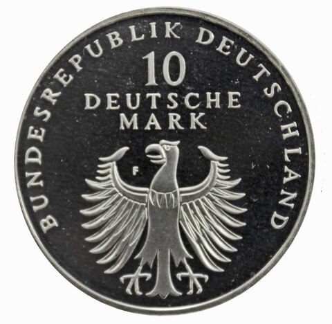 10 марок. 50 лет Немецкой марке (F). Серебро. 1998 г. PROOF. В родной запайке