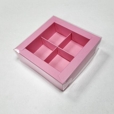 Короб для 4 конфет с пластиковой крышкой, 12*12*3см, розовая матовая