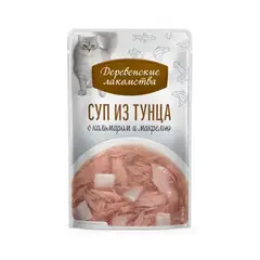 Деревенские лакомства консервы для кошек «Суп из тунца с кальмаром и макрелью», пауч 35г*4 шт