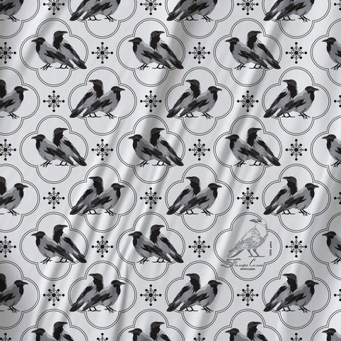 Платок каре 90*90см, БЕЛАЯ ВОРОНА на белом