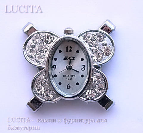 Основа для часов с прозрачными стразами "Бабочка" (цвет - серебро) 33х32х9 мм ()