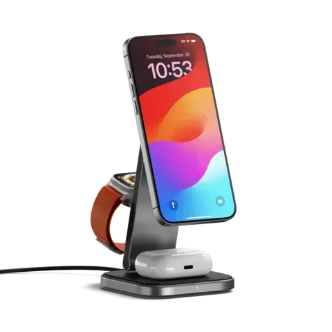 Беспроводная зарядка Satechi Qi2 3-в-1 Foldable Wireless Charging Stand складная с адаптером, серый космос