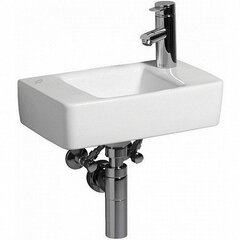 Раковина Geberit Renova Plan, с укороченным вылетом: Белый, B=40см, H=15см, T=25см, Отверстие под смеситель=Правая, Перелив=Без фото