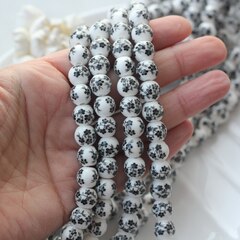 Бусина Шарик, керамика, белая с черной росписью, 10 мм, 1 шт, МК013