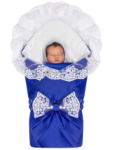 Зимний конверт-одеяло на выписку "Венеция" (синий с белым кружевом) без пледа